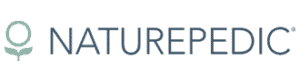 Naturepedic logo featuring a blue, stylized leaf design on the left. The word "NATUREPEDIC" is written in capital letters in a blue, sans-serif font to the right of the design, making it perfect to advertise with baby chick imagery for a touch of natural innocence.
