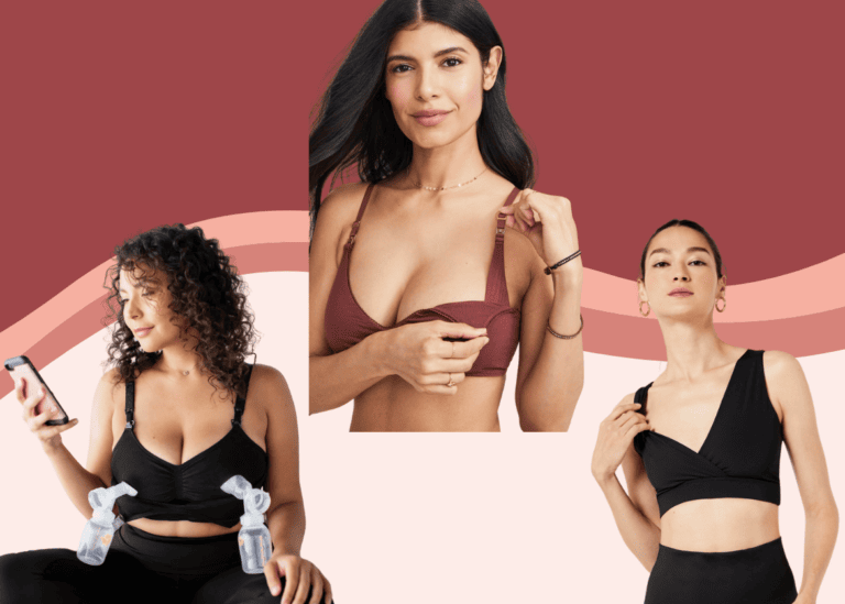 Three women are shown wearing different styles of the best nursing bras with a wavy pink and maroon background. The first woman is using a breast pump and looking at her phone. The second adjusts her maroon bra strap. The third poses in a black nursing bra.