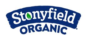 The image shows the logo for Stonyfield Organic. The word "Stonyfield" is written in white, lowercase, rounded letters on a blue curved background, with a green leaf inside the letter "o". Below, the word "ORGANIC" is written in all caps in blue. Perfect for your favorite yogurt snack recipes.