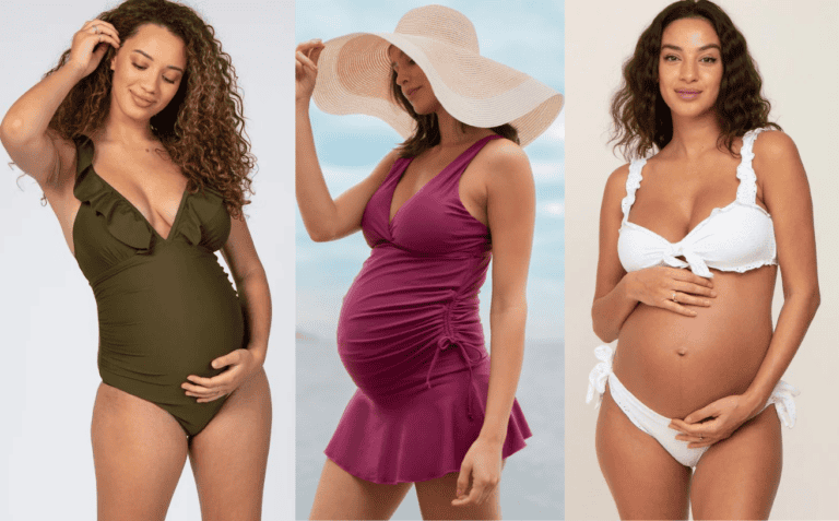 Three pregnant women in maternity swimsuits stand in different poses. The first woman on the left wears an olive green ruffled swimsuit, while the middle woman dons a burgundy maternity bathing suit with a large sun hat. The woman on the right is in a white swimsuit with tie details and ruffles.