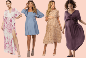 A woman in a pink floral wrap dress with a thigh-high slit, a woman in a blue smocked dress, a woman in a brown floral pleated dress, and a woman in a mauve knee-length dress with a cinched waist are standing against a light pink background, perfect as baby shower dresses.