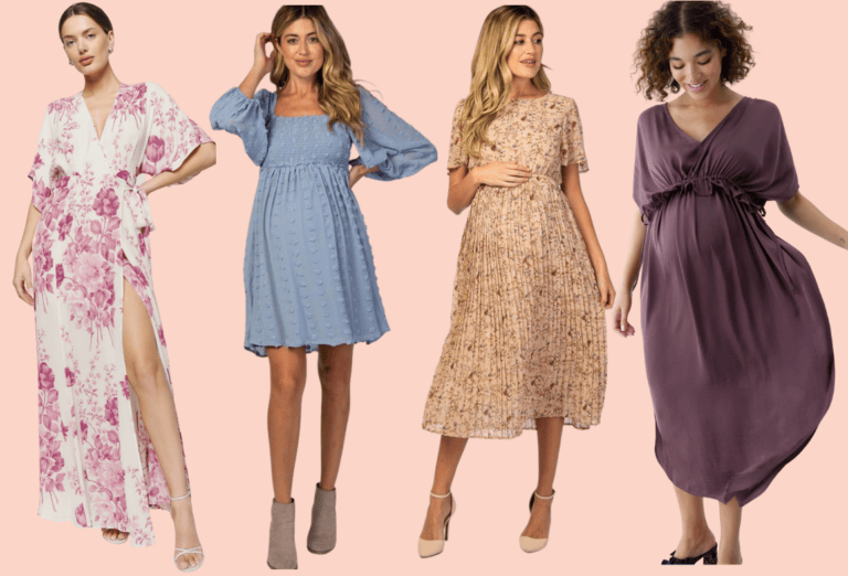 A woman in a pink floral wrap dress with a thigh-high slit, a woman in a blue smocked dress, a woman in a brown floral pleated dress, and a woman in a mauve knee-length dress with a cinched waist are standing against a light pink background, perfect as baby shower dresses.